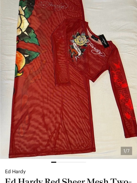 Ed Hardy Other - Ed Hardy Red Sheer Mesh Long-Sleeve Graphic Tee